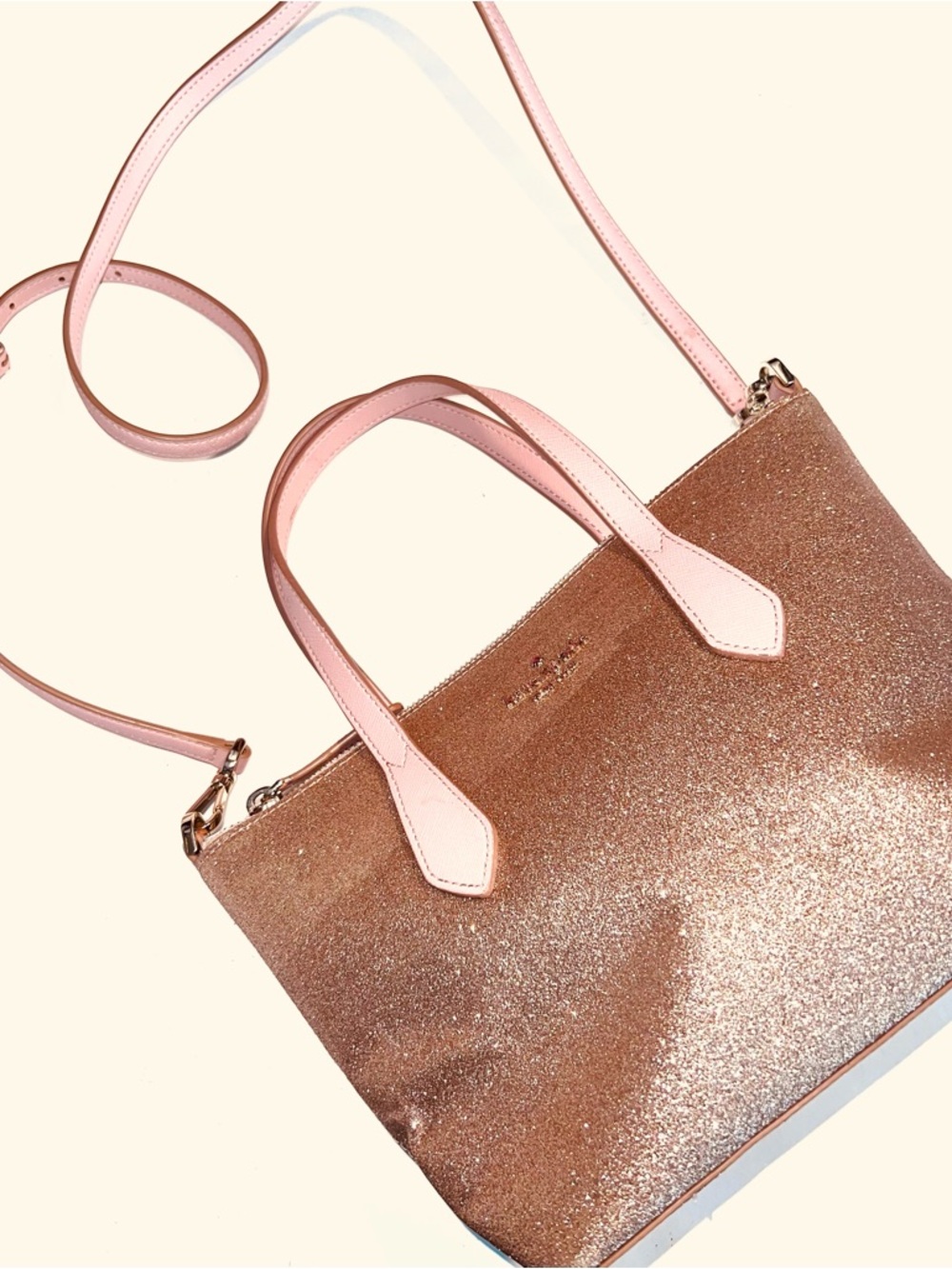 KATE SPADE JOELEY SATCHEL SMALL Rose Gold Glitter Tote with Pink Handles